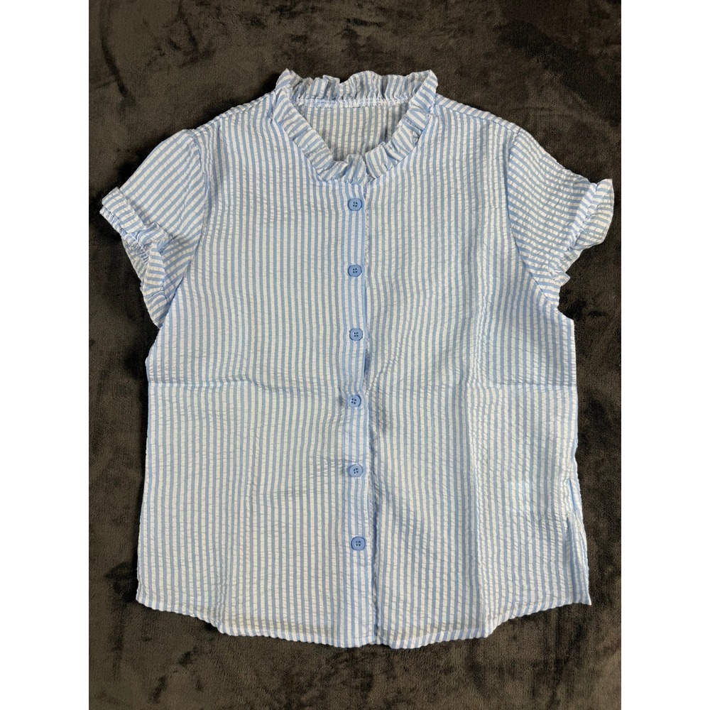 Blue White Striped Seersucker Ruffle Neck Button Down Blouse XS Short Sleeve